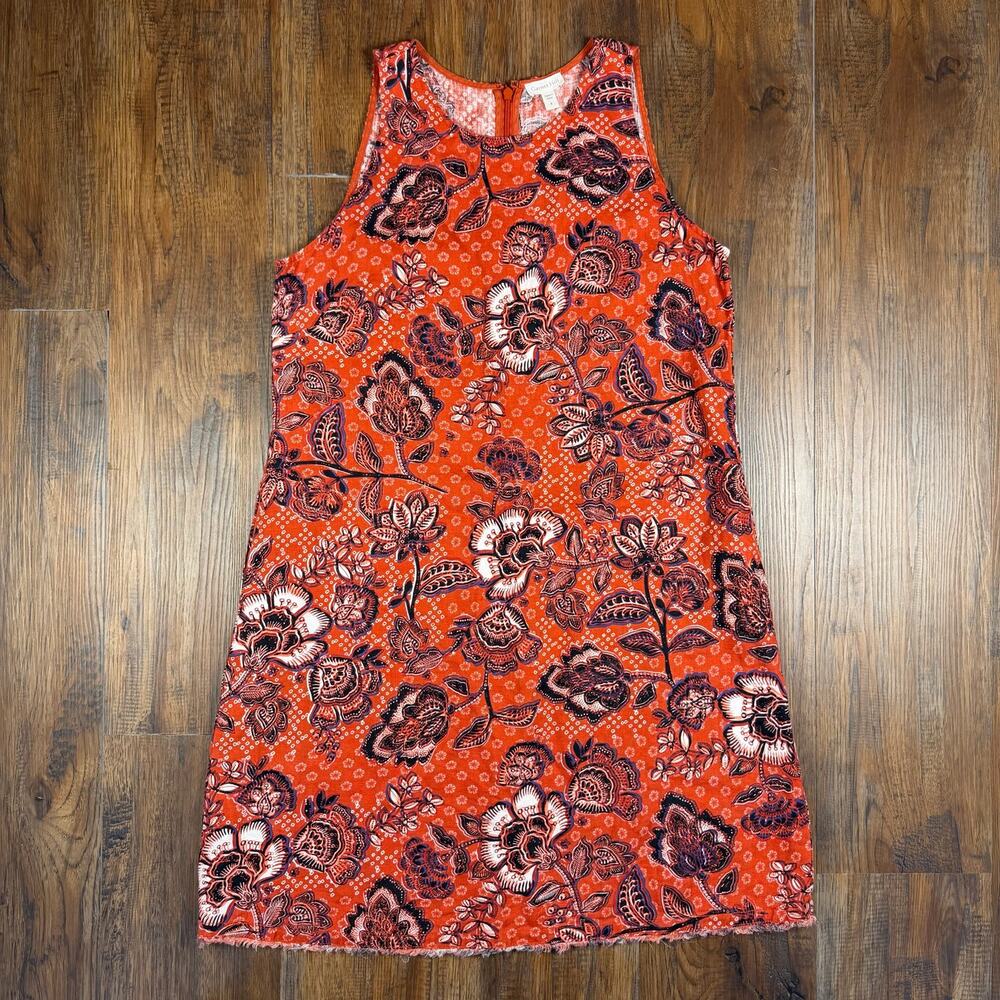 Garnet Hill sleeveless linen shift dress sz 6 floral side pockets raw hem